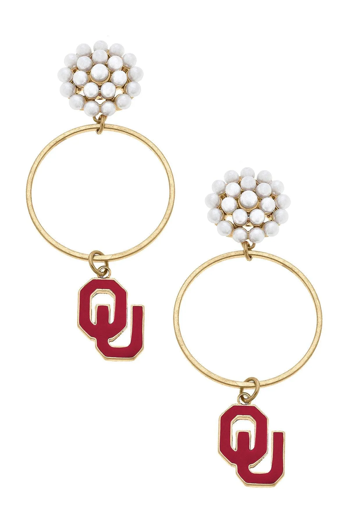 Oklahoma Sooners Pearl Cluster Enamel Hoop Earrings sold by Canvas Style