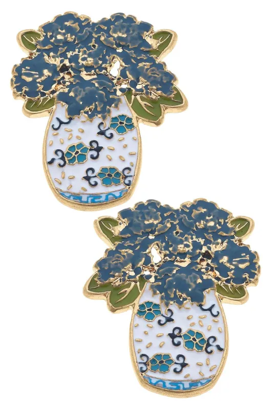 Sofia Enamel Hydrangea Ginger Jar Stud Earrings in Blue & White sold by Canvas Style
