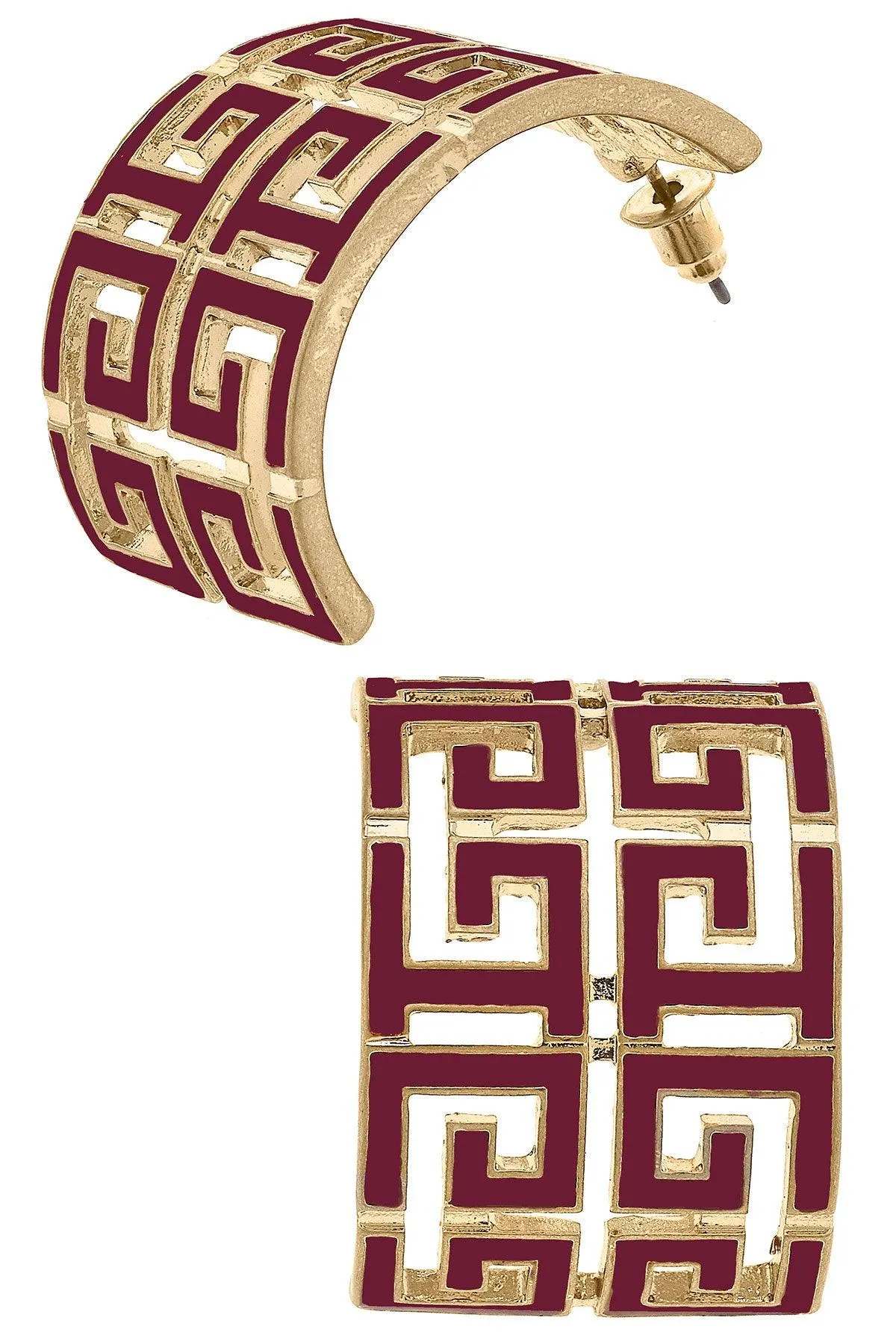 Brennan Game Day Greek Keys Enamel Hoop Earrings in Maroon sold by Canvas Style