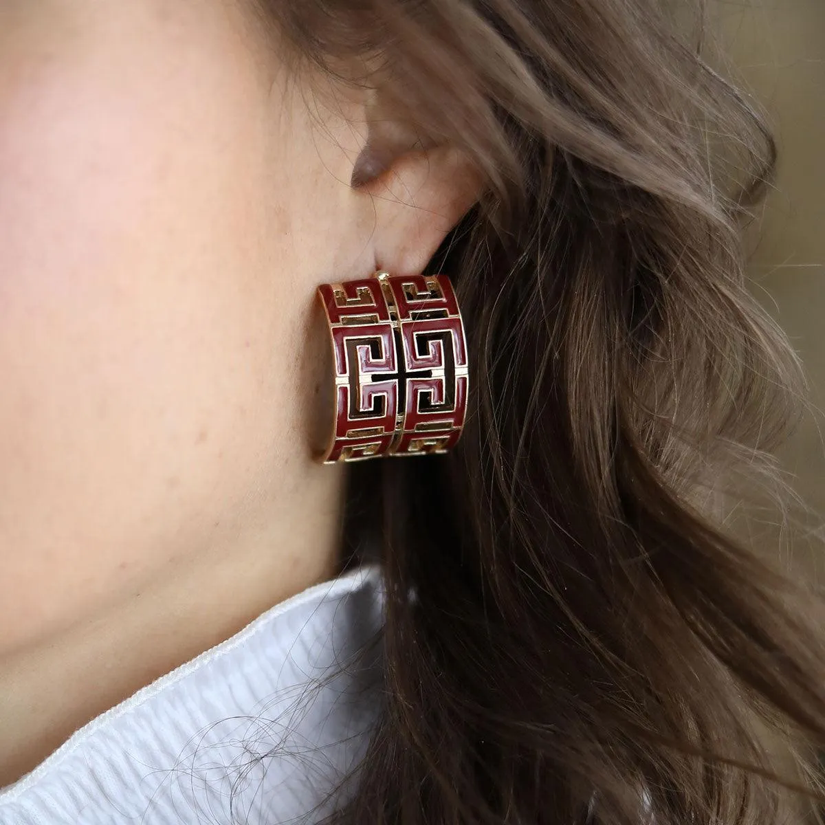 Brennan Game Day Greek Keys Enamel Hoop Earrings in Maroon sold by Canvas Style product image thumbnail 2