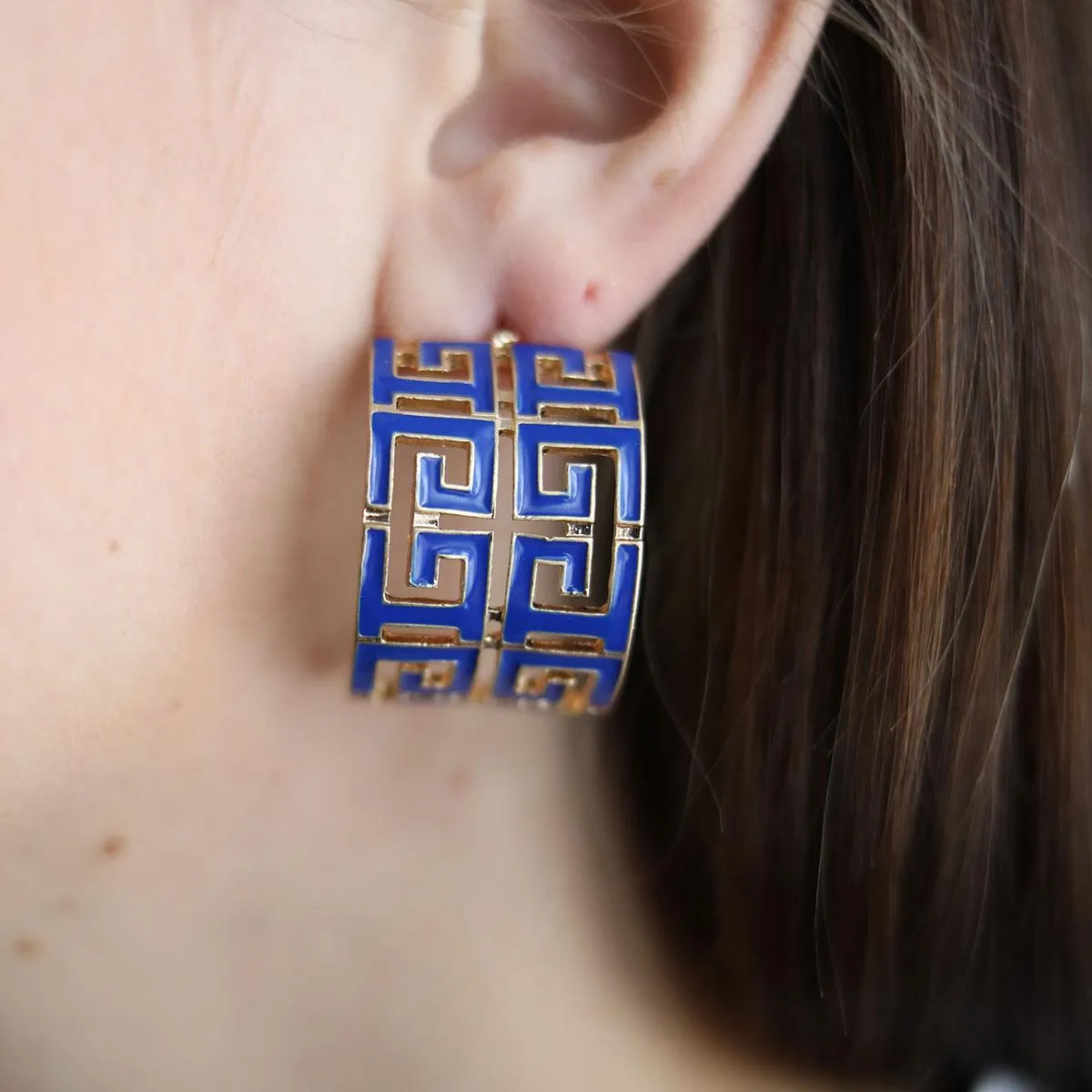 Brennan Game Day Greek Keys Enamel Hoop Earrings in Blue sold by Canvas Style product image thumbnail 3