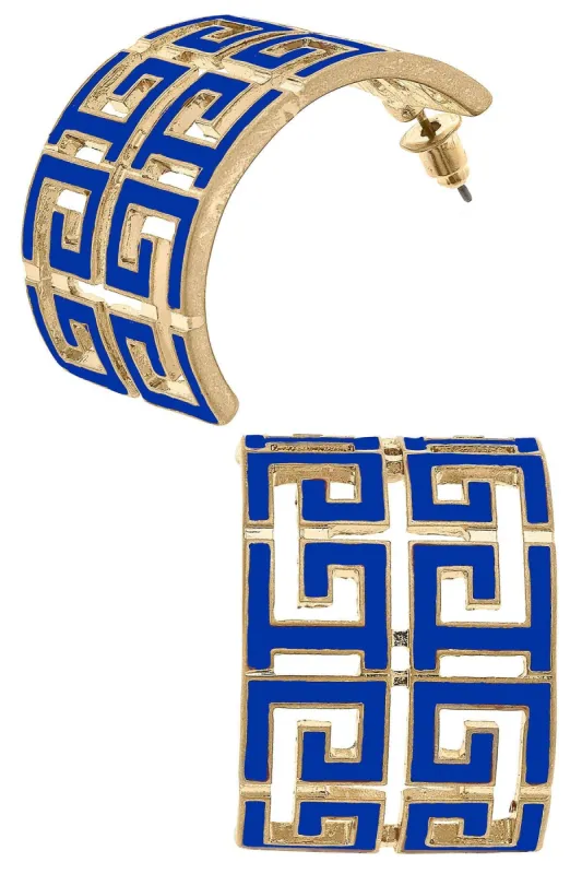 Brennan Game Day Greek Keys Enamel Hoop Earrings in Blue sold by Canvas Style