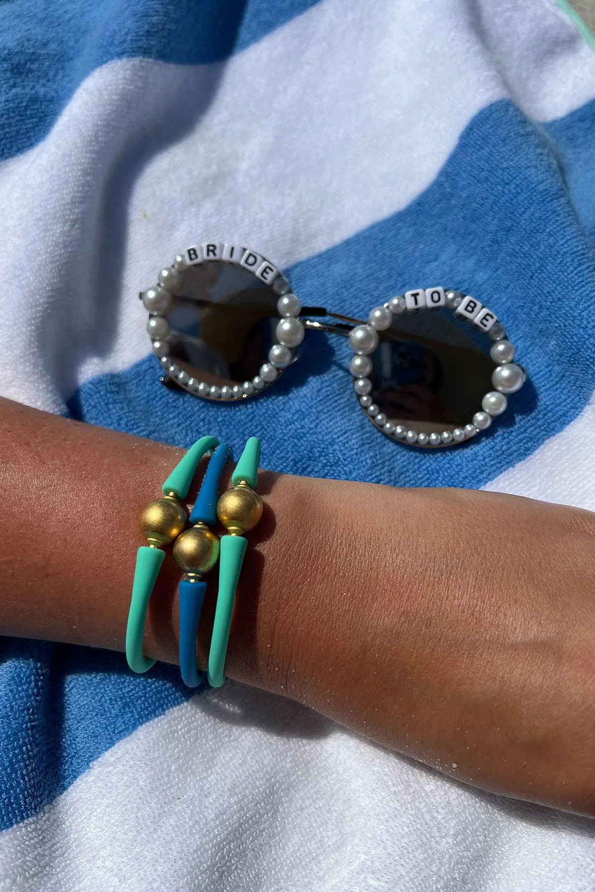 Bali 24K Gold Plated Ball Bead Silicone Bracelet in Blue - FINAL SALE sold by Canvas Style product image thumbnail 2