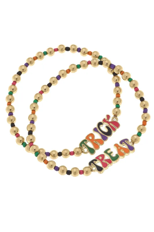 Trick or Treat Enamel & Ball Bead Halloween Stretch Bracelets (Set of 2) in Multi sold by Canvas Style