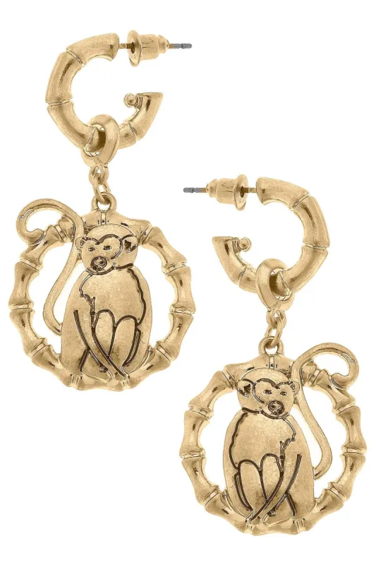 Uma Monkey Drop Hoop Earrings in Worn Gold sold by Canvas Style