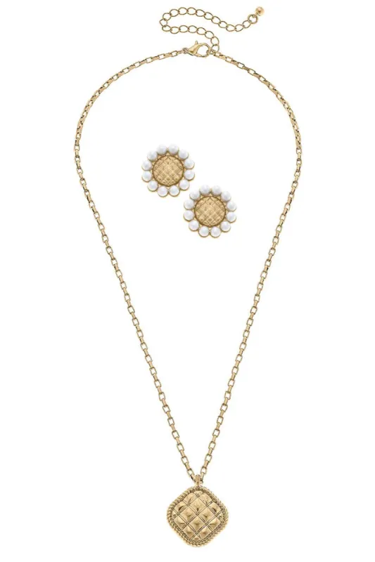 Quilted Metal Earring and Necklace Set in Worn Gold sold by Canvas Style