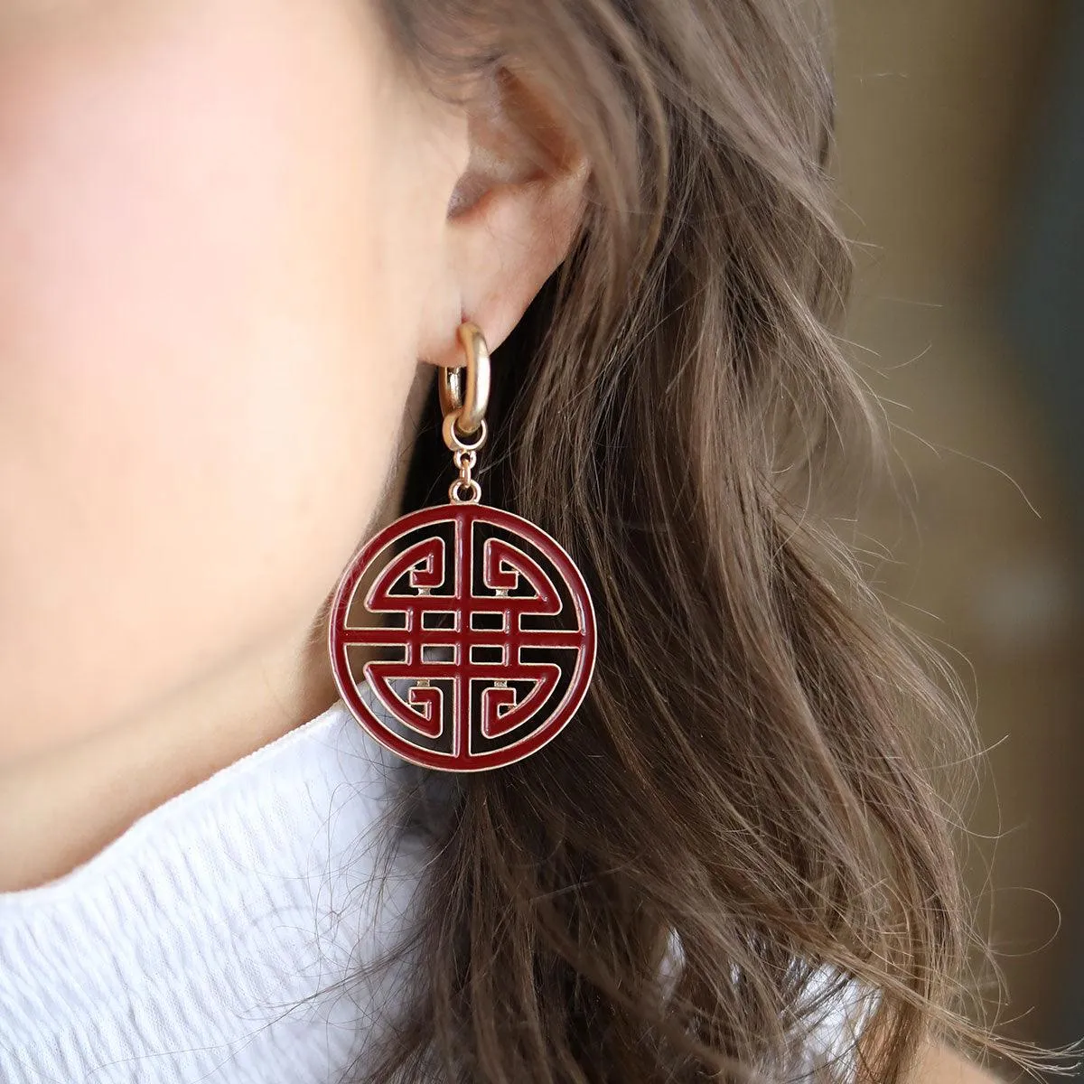 Jenson Game Day Greek Keys Enamel Statement Earrings in Maroon sold by Canvas Style product image thumbnail 2