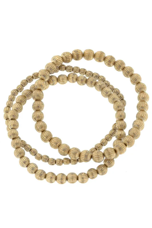 Iliana Ribbed Metal Ball Bead Stretch Bracelet Stack in Worn Gold - Set of 3 sold by Canvas Style