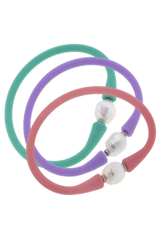 Bali Freshwater Pearl Silicone Bracelet Stack of 3 in Mint, Lavender & Pink sold by Canvas Style