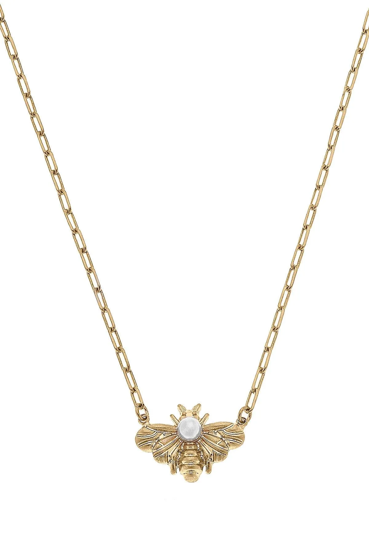 Calloway Bee & Pearl Pendant Necklace in Worn Gold sold by Canvas Style