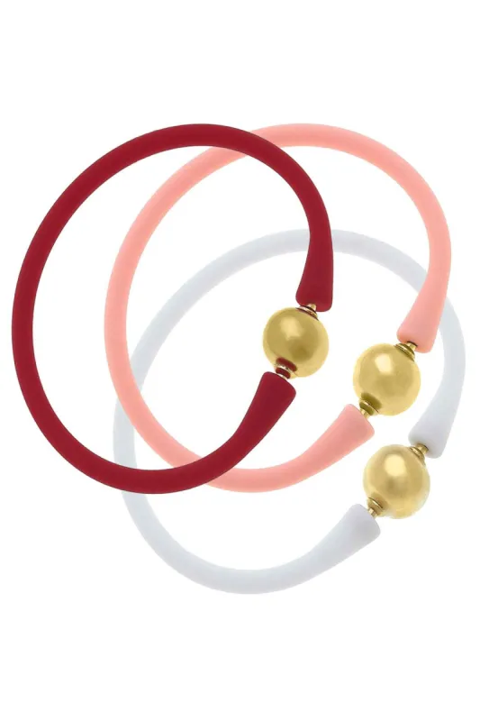 Bali 24K Gold Silicone Bracelet Holiday Stack of 3 in Red, Light Pink & White sold by Canvas Style