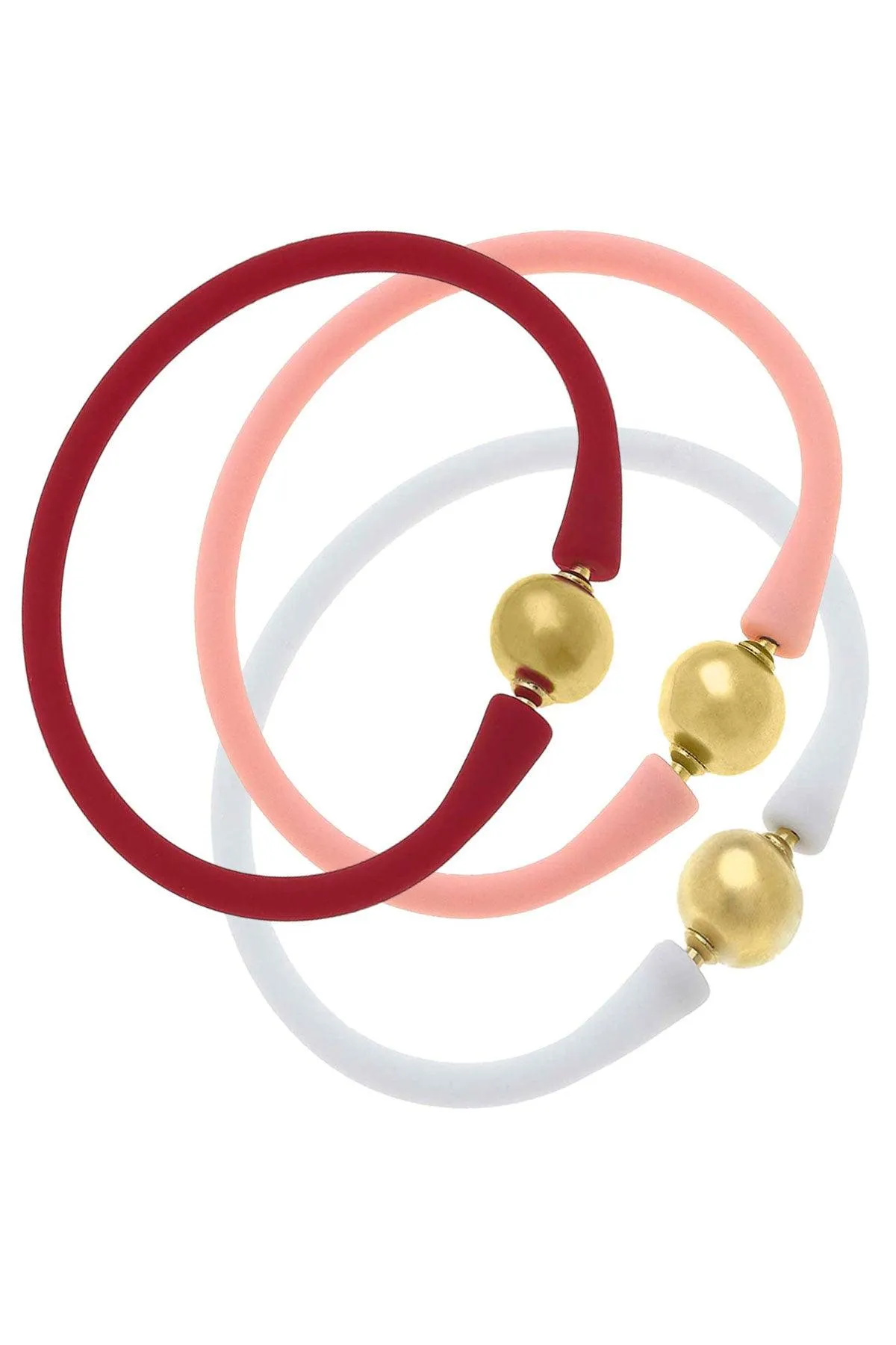 Bali 24K Gold Silicone Bracelet Holiday Stack of 3 in Red, Light Pink & White sold by Canvas Style