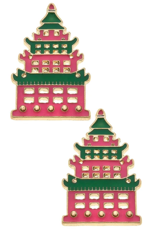 Tiffany Enamel Pagoda Stud Earrings in Green & Pink sold by Canvas Style