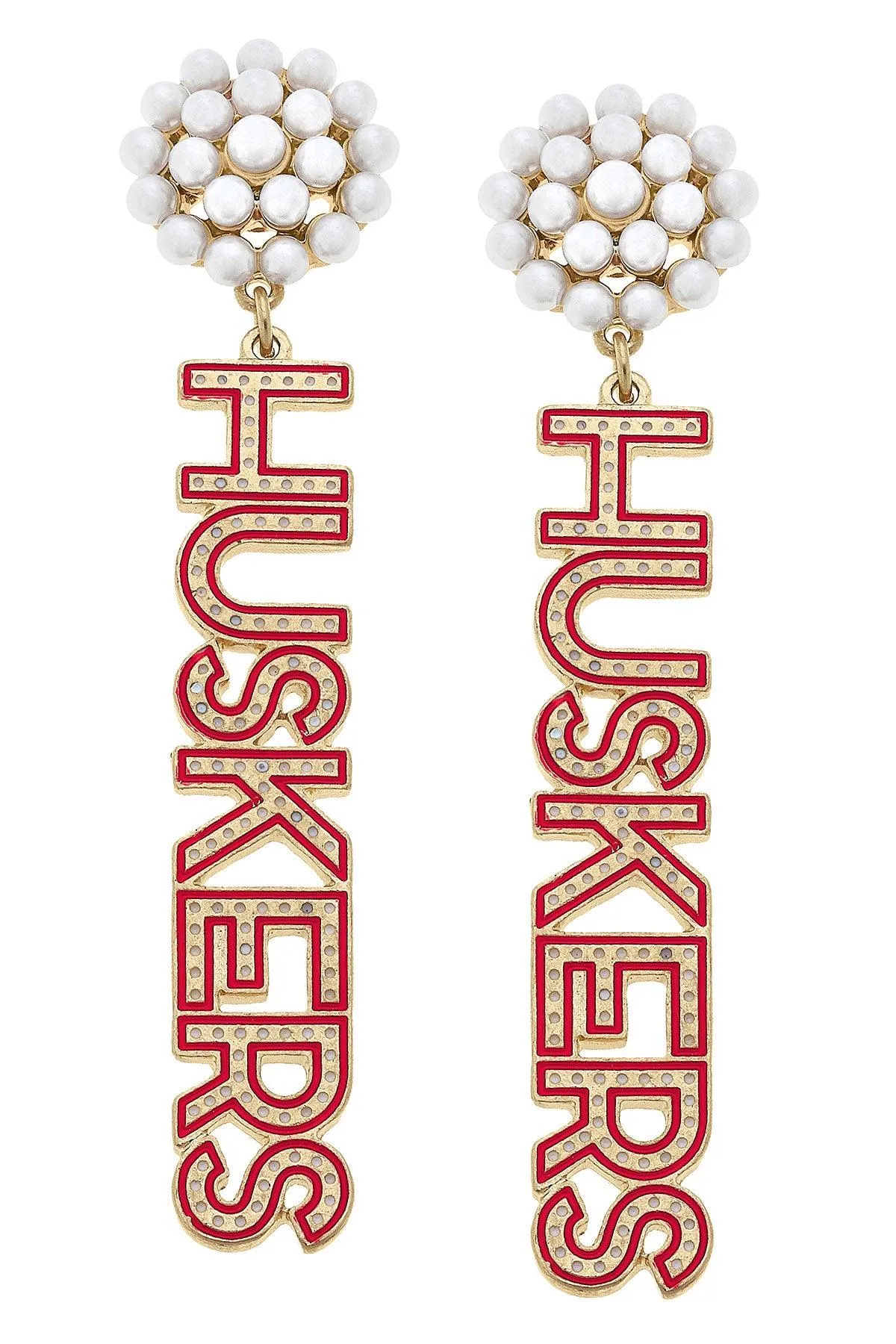 Nebraska Cornhuskers Pearl Cluster Dotted Enamel Drop Earrings - FINAL SALE sold by Canvas Style