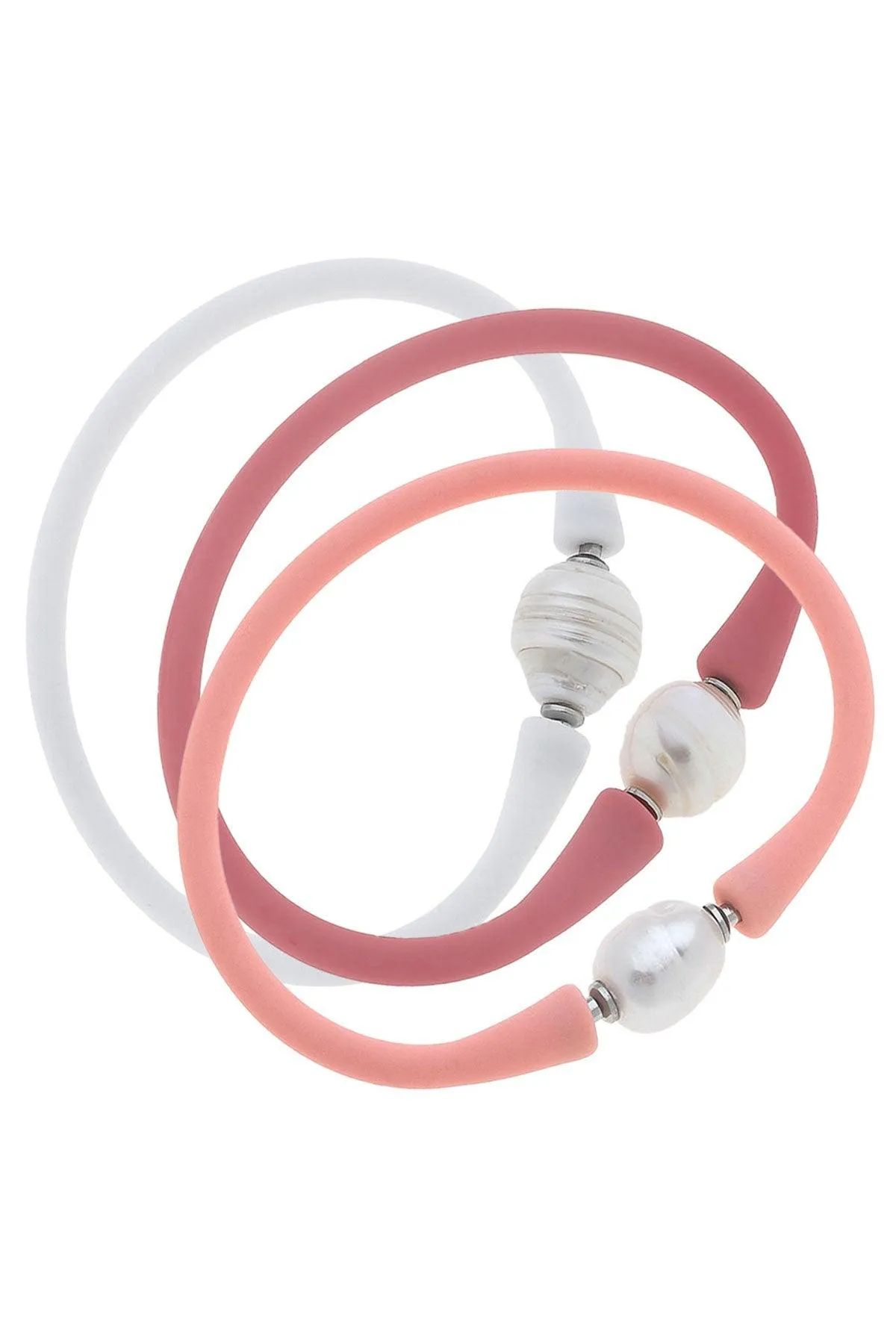 Bali Freshwater Pearl Silicone Bracelet Stack of 3 in Light Pink, Pink & White sold by Canvas Style
