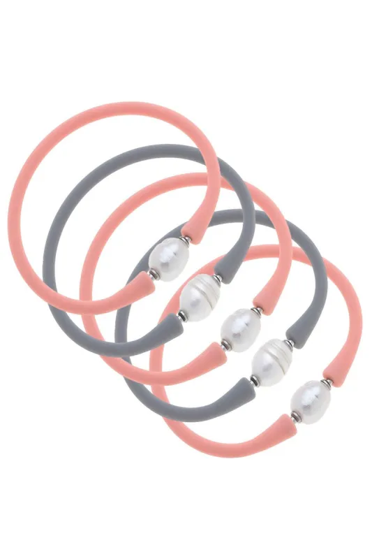Bali Freshwater Pearl Silicone Bracelet Stack of 5 in Light Pink & Steel Grey sold by Canvas Style