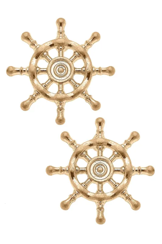 Lee Ship's Wheel Stud Earrings in Worn Gold sold by Canvas Style