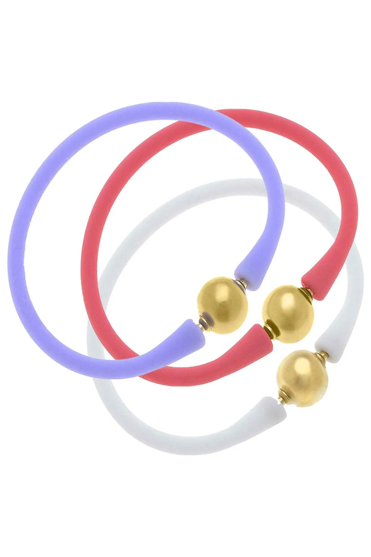 Bali 24K Gold Silicone Bracelet Stack of 3 in Lilac, Pink & White sold by Canvas Style