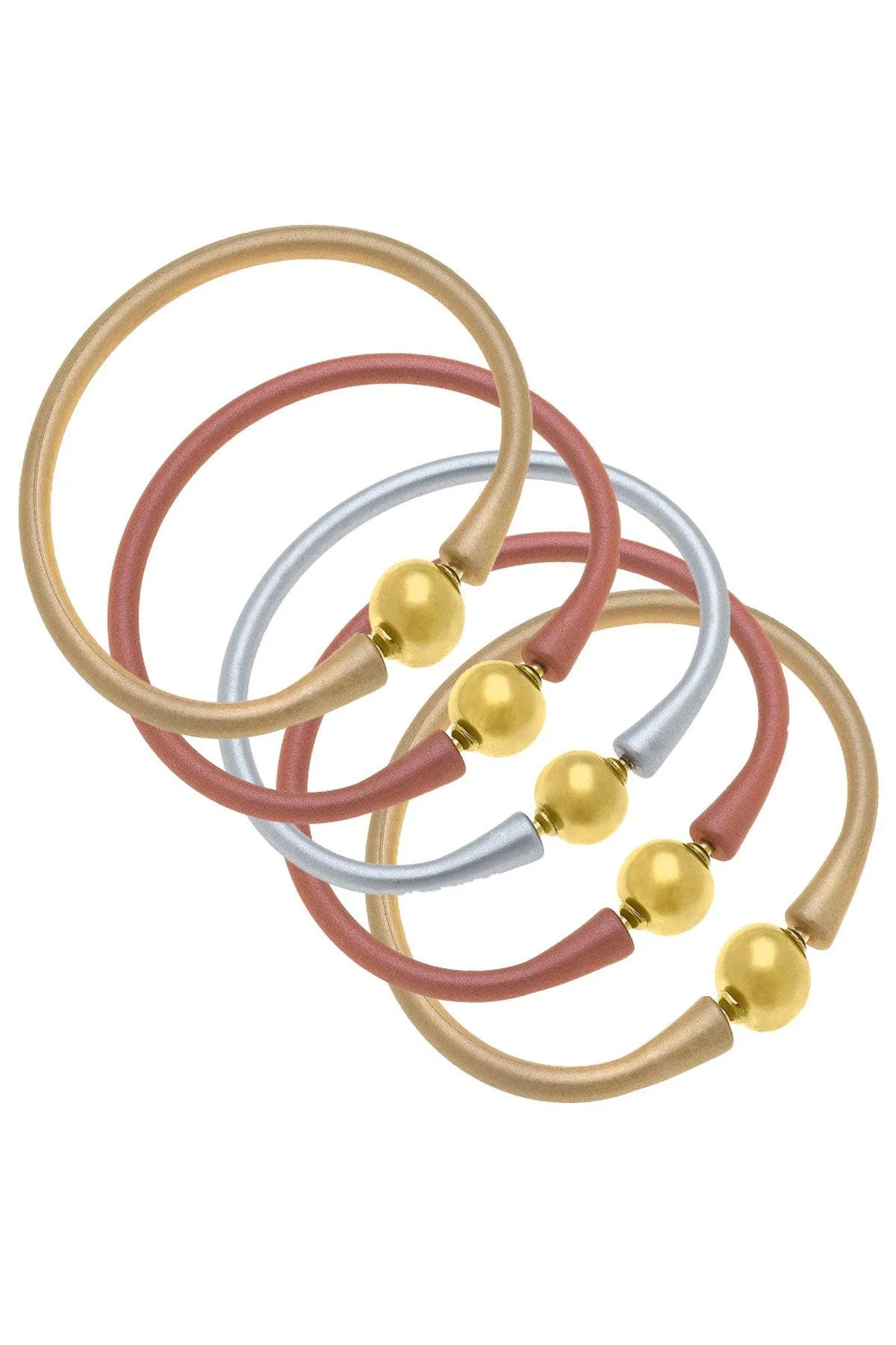 Bali 24K Gold Silicone Bracelet Stack of 5 in Metallic Gold, Metallic Bronze & Metallic Silver sold by Canvas Style
