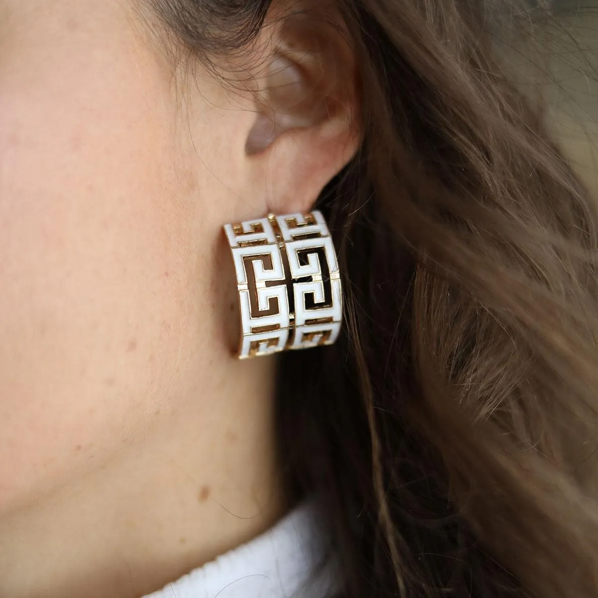 Brennan Game Day Greek Keys Enamel Hoop Earrings in White sold by Canvas Style product image thumbnail 2