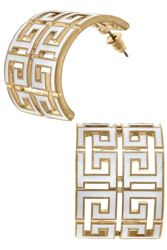 Brennan Game Day Greek Keys Enamel Hoop Earrings in White sold by Canvas Style
