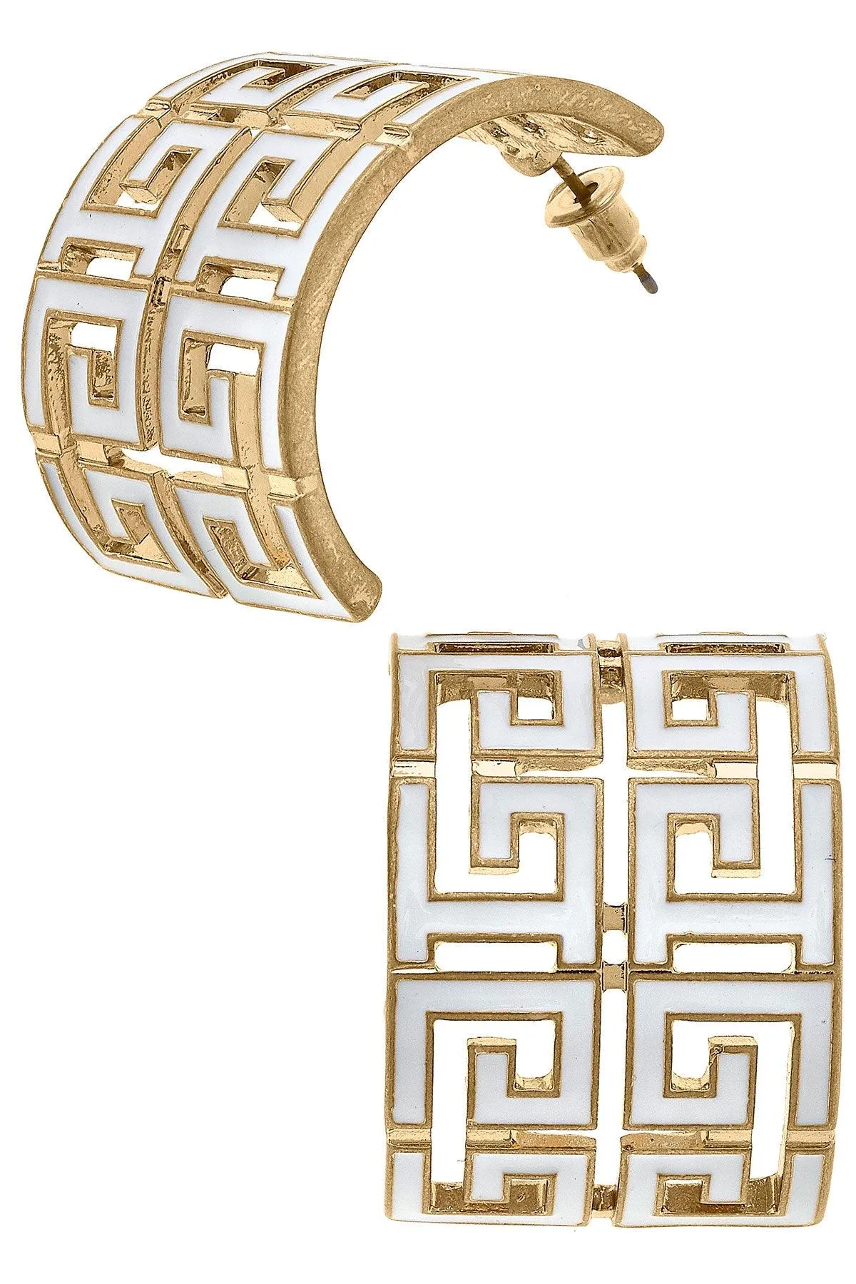 Brennan Game Day Greek Keys Enamel Hoop Earrings in White sold by Canvas Style