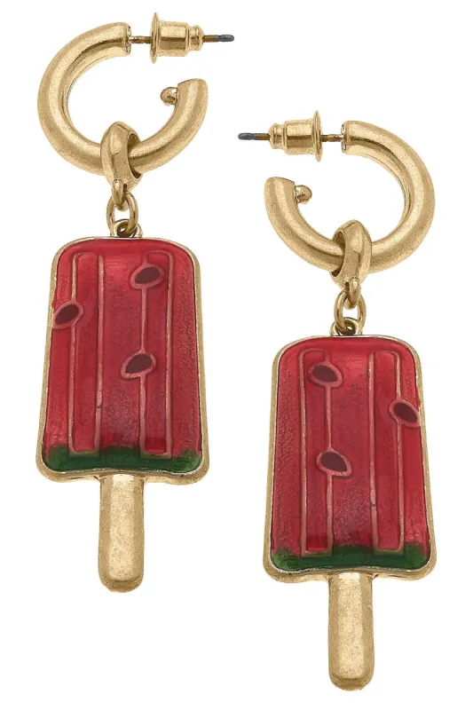 Summer Enamel Watermelon Popsicle Earrings in Red sold by Canvas Style