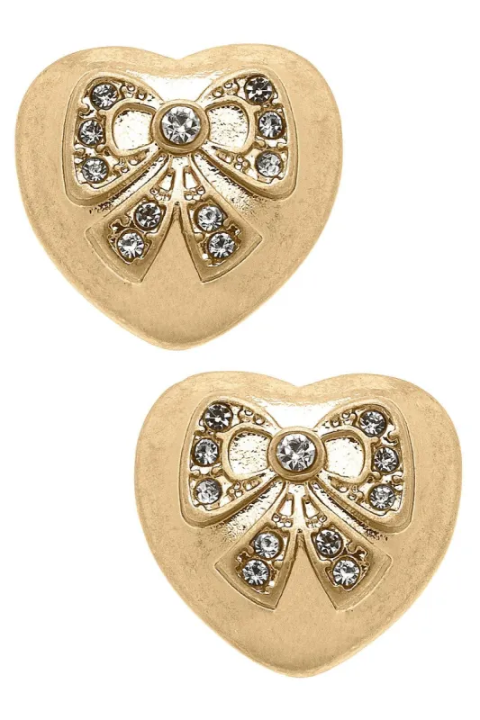 Rylan Pavé Bow Heart Stud Earrings in Worn Gold sold by Canvas Style