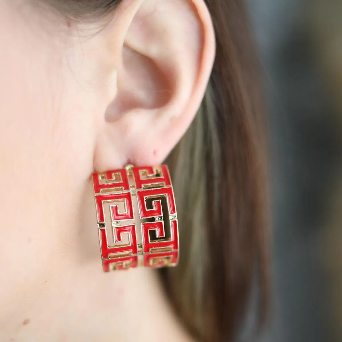Brennan Game Day Greek Keys Enamel Hoop Earrings in Red sold by Canvas Style product image thumbnail 2