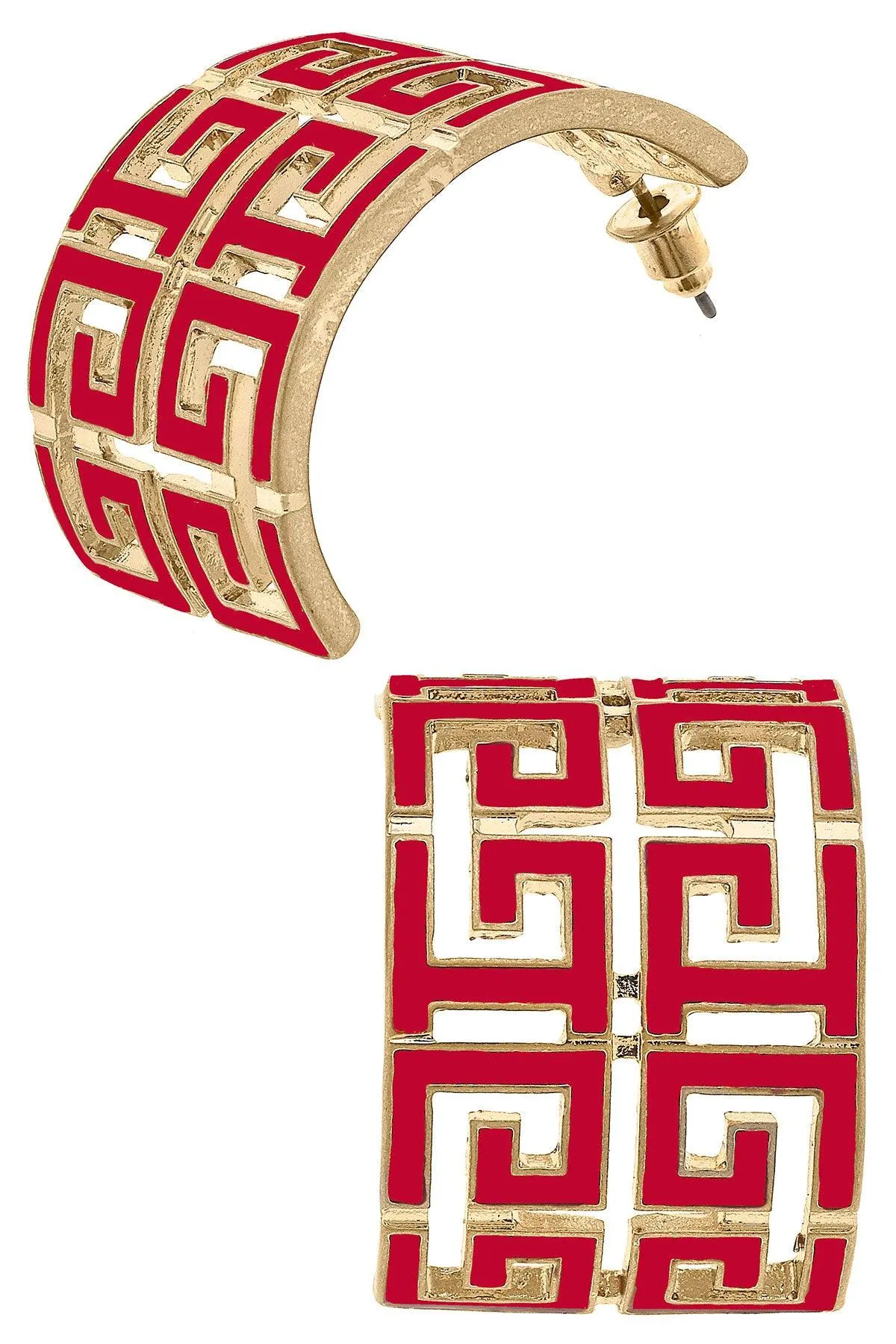 Brennan Game Day Greek Keys Enamel Hoop Earrings in Red sold by Canvas Style
