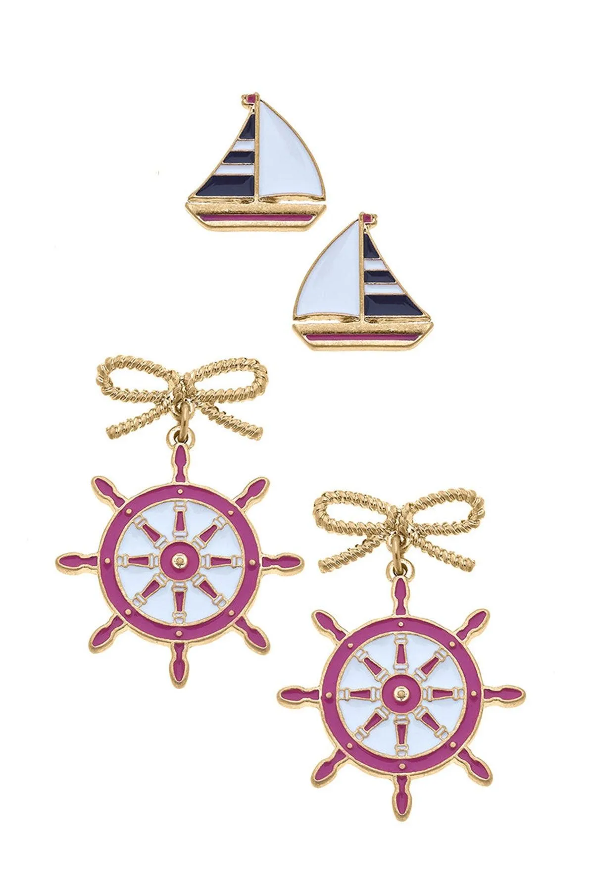 Penny Navy Sailboat Stud and Bobbie Pink Ship's Wheel Earring Set sold by Canvas Style