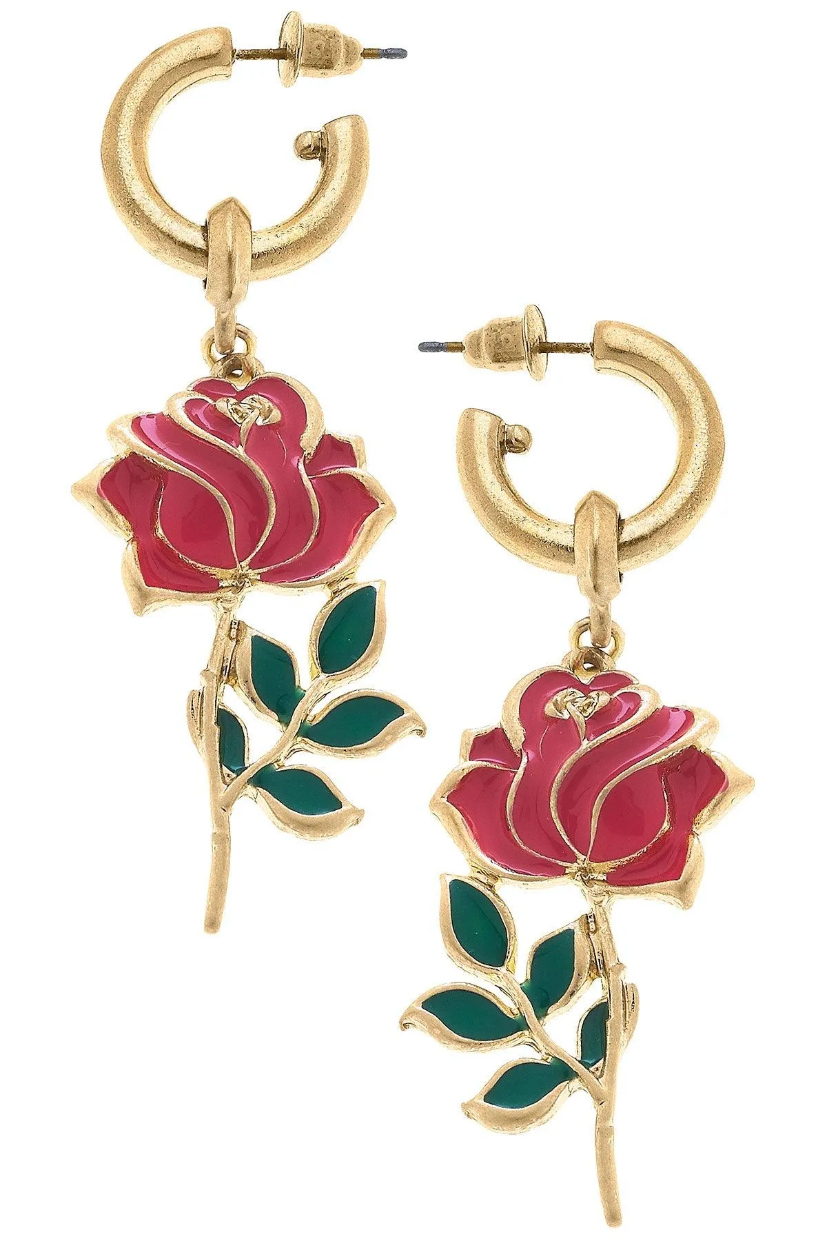 Gianna Rose Flower Enamel Drop Hoop Earrings in Worn Gold sold by Canvas Style
