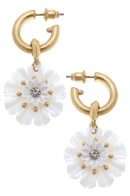 Eleanor Mother of Pearl Flower Drop Hoop Earrings in Ivory sold by Canvas Style