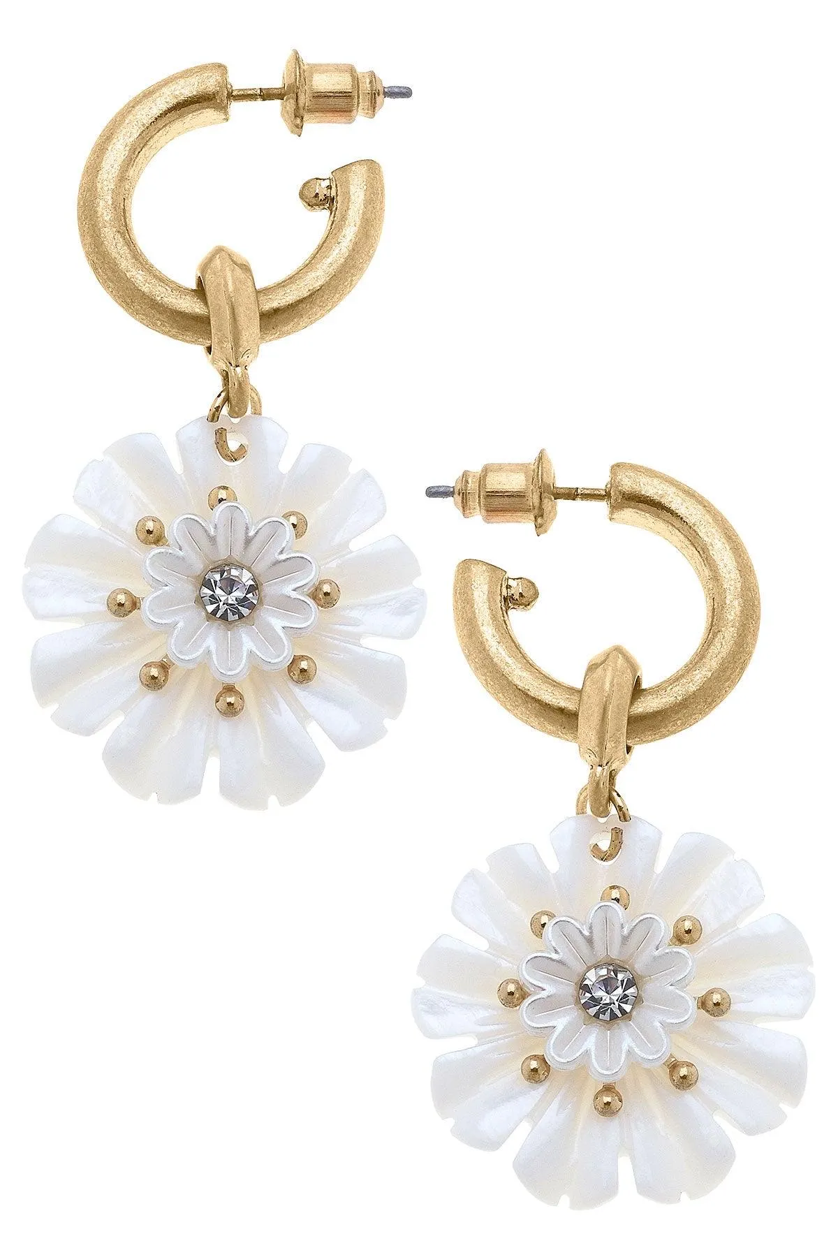 Eleanor Mother of Pearl Flower Drop Hoop Earrings in Ivory sold by Canvas Style