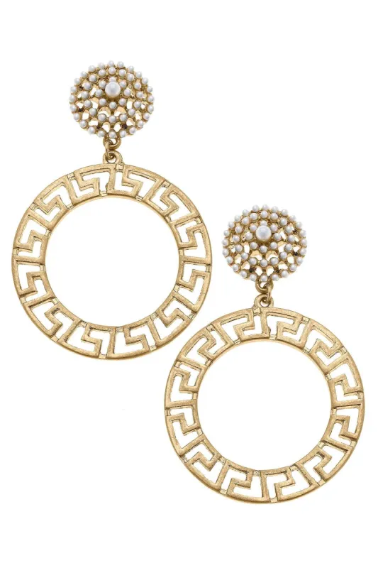 Emilia Greek Keys Circle & Pearl Studded Statement Earrings in Worn Gold sold by Canvas Style
