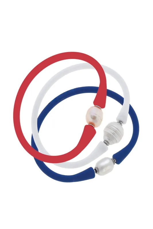 Bali Freshwater Pearl Silicone Bracelet Stack of 3 in Red, White & Royal Blue sold by Canvas Style