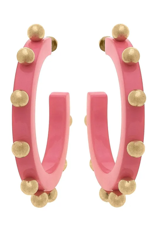 Kelley Studded Metal and Resin Hoop Earrings in Bubble Gum sold by Canvas Style
