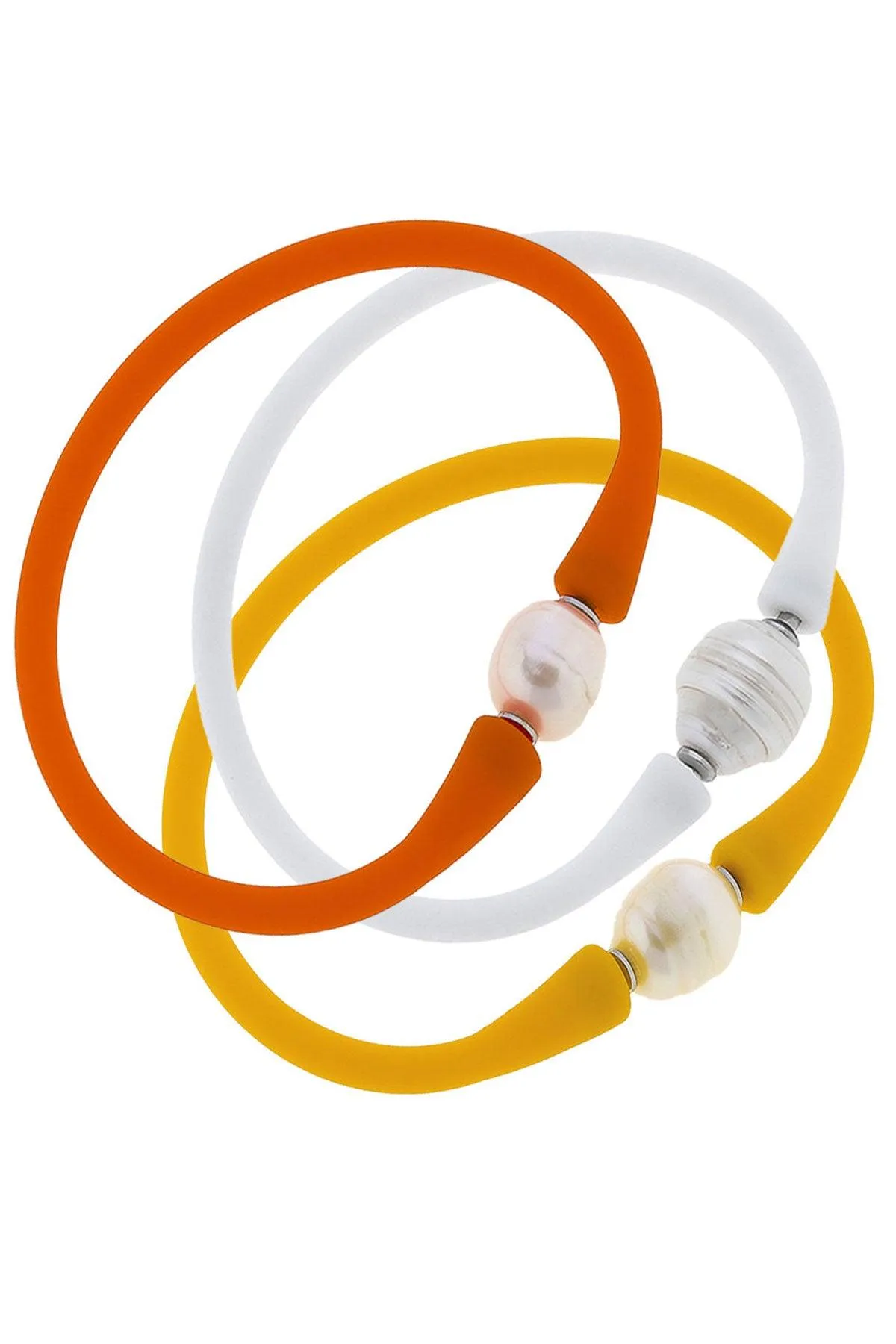 Bali Freshwater Pearl Silicone Bracelet Stack of 3 in Orange, White & Cantaloupe sold by Canvas Style