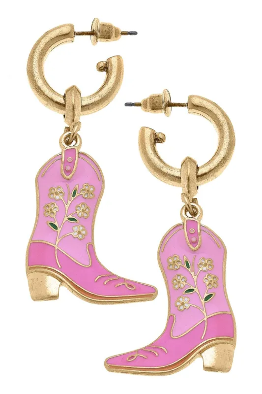 Floral Cowgirl Boots Enamel Drop Hoop Earrings sold by Canvas Style