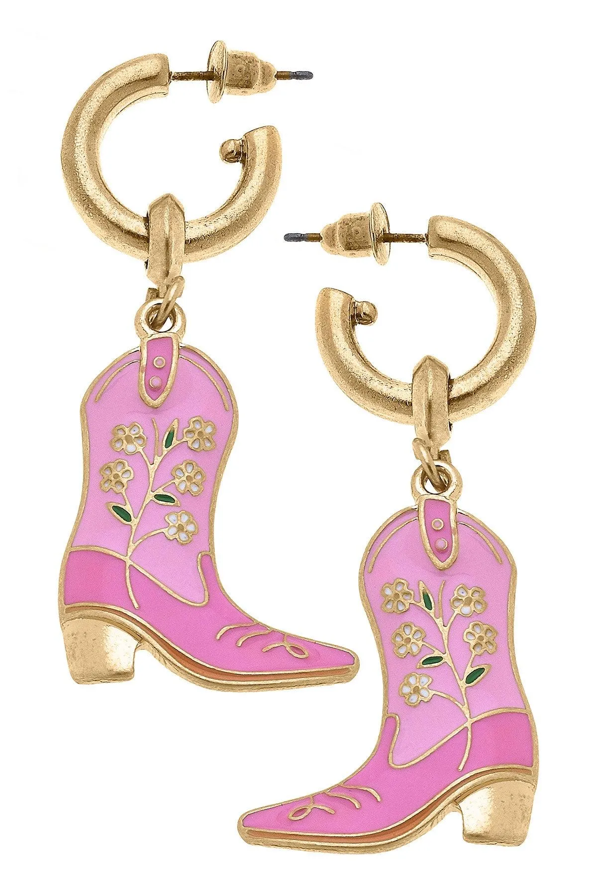 Floral Cowgirl Boots Enamel Drop Hoop Earrings sold by Canvas Style