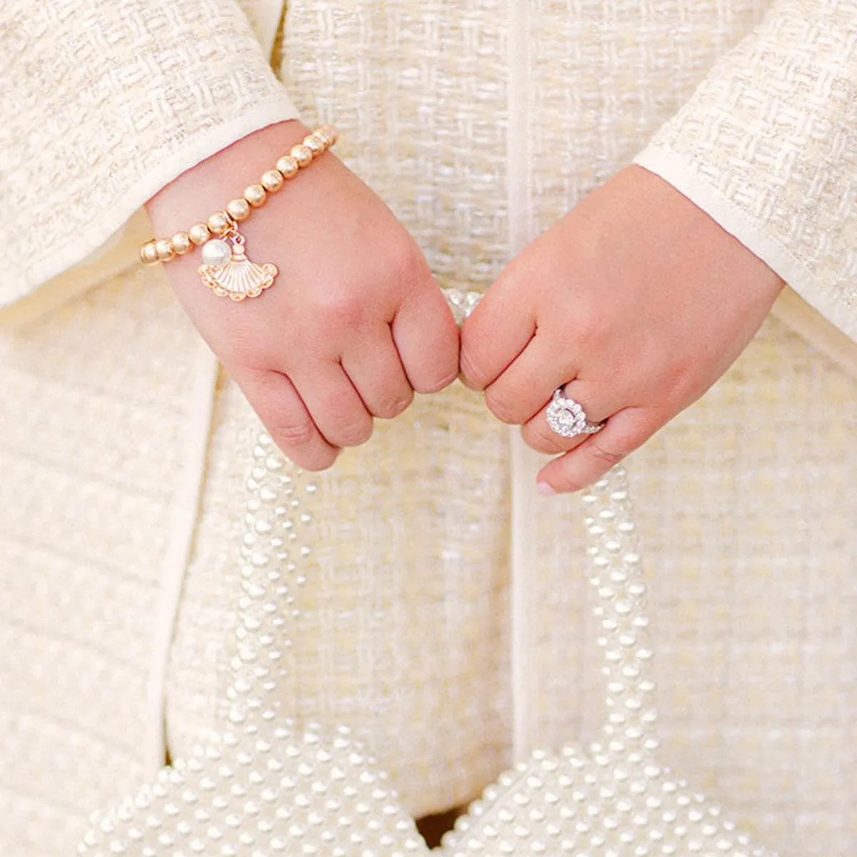 Brigitte French Fan & Pearl Charm Ball Bead Stretch Bracelet in Worn Gold sold by Canvas Style product image thumbnail 2