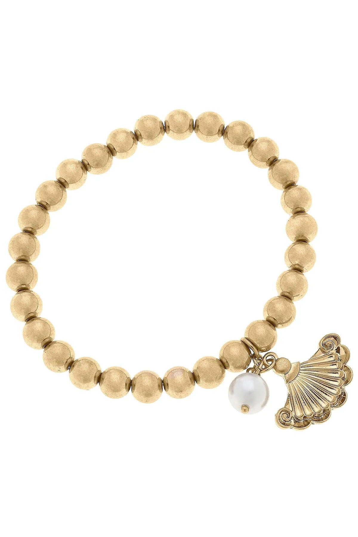 Brigitte French Fan & Pearl Charm Ball Bead Stretch Bracelet in Worn Gold sold by Canvas Style