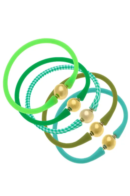 Bali 24K Gold Silicone Bracelet Stack of 5 in Neon Green, Green, Green Gingham, Peridot & Mint sold by Canvas Style
