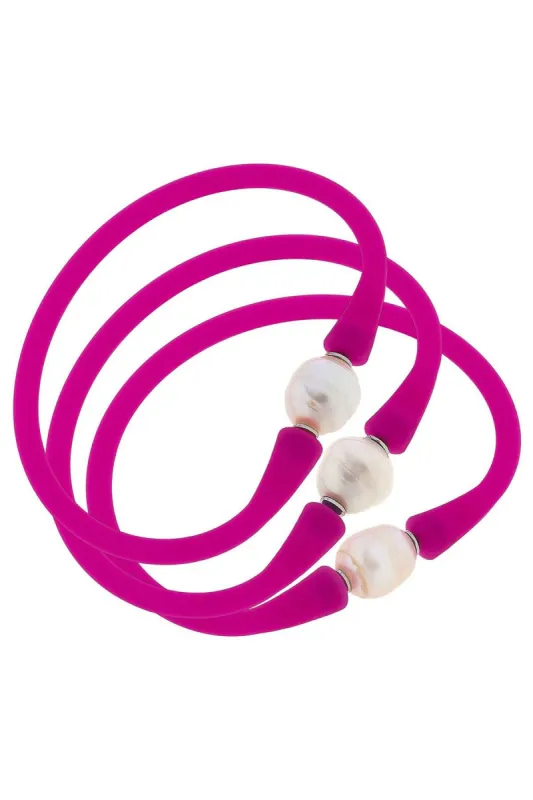Bali Freshwater Pearl Silicone Bracelet Set of 3 in Magenta - FINAL SALE sold by Canvas Style