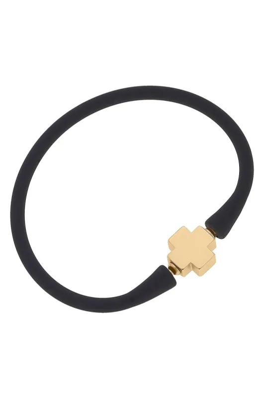 Bali 24K Gold Plated Cross Bead Silicone Bracelet in Black sold by Canvas Style