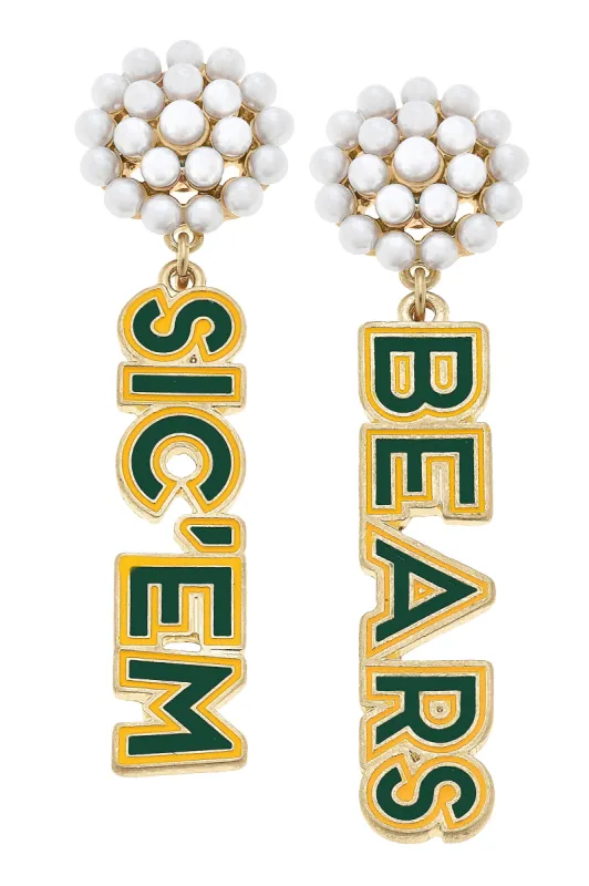 Baylor Bears Pearl Cluster Outline Enamel Earrings in Green/Gold sold by Canvas Style