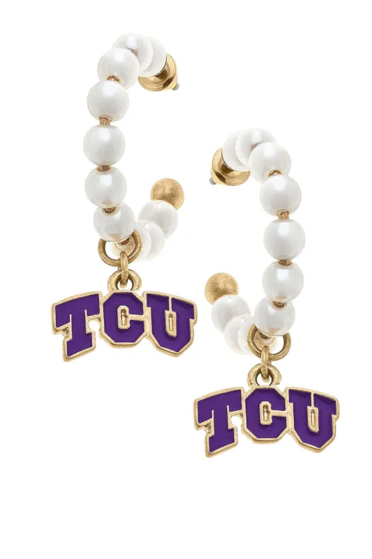 TCU Horned Frogs Pearl Hoop Enamel Drop Earrings sold by Canvas Style