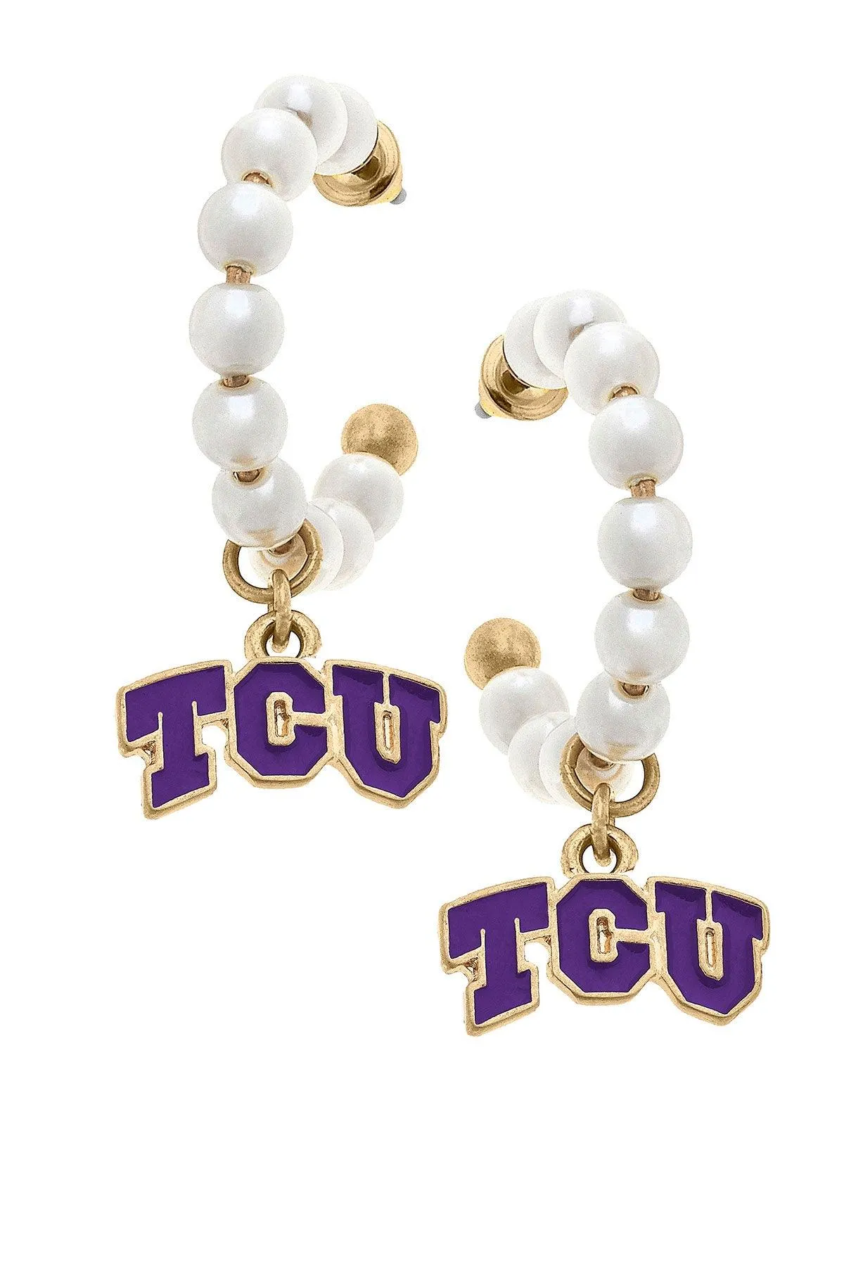 TCU Horned Frogs Pearl Hoop Enamel Drop Earrings sold by Canvas Style