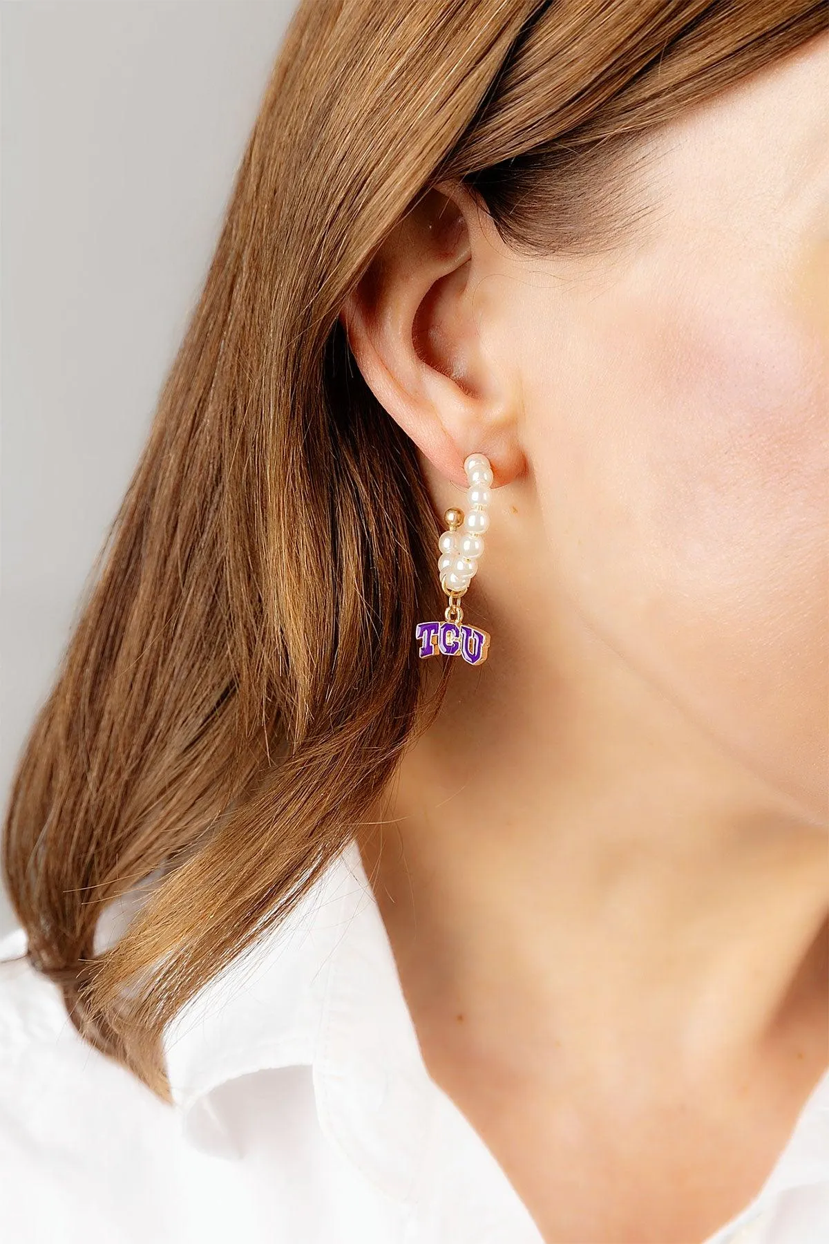 TCU Horned Frogs Pearl Hoop Enamel Drop Earrings sold by Canvas Style product image thumbnail 2