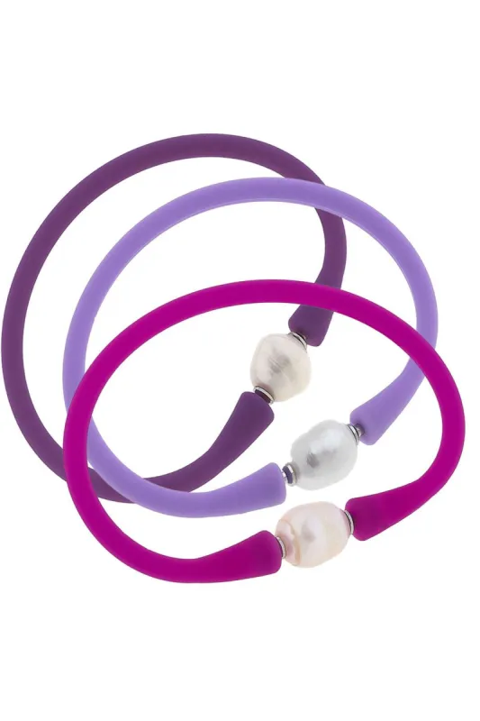 Bali Freshwater Pearl Silicone Bracelet Stack of 3 in Magenta, Lavender & Purple - FINAL SALE sold by Canvas Style
